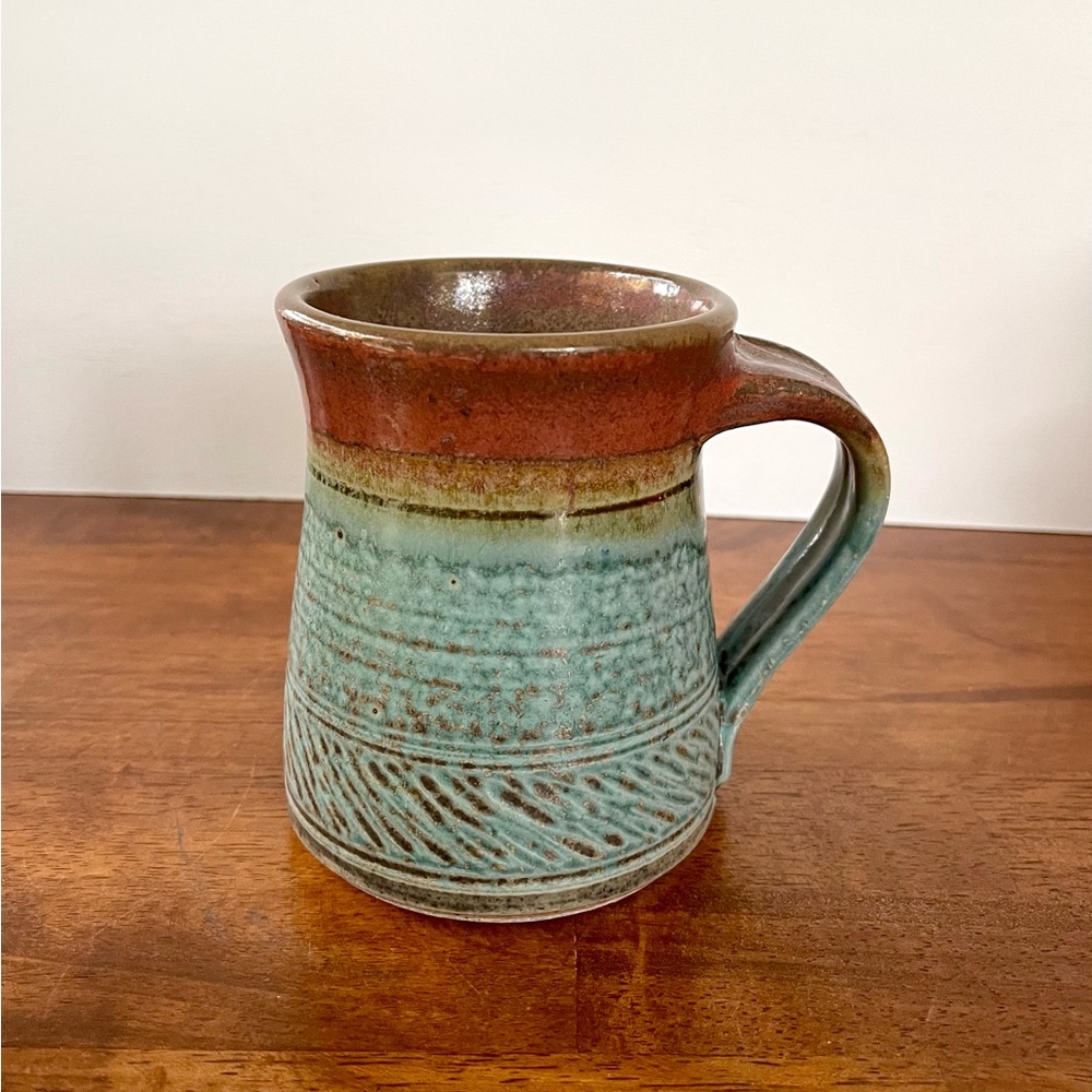Pottery Mug 16oz Turquoise and Brown/ Signed By Artist 4 1/2” Tall